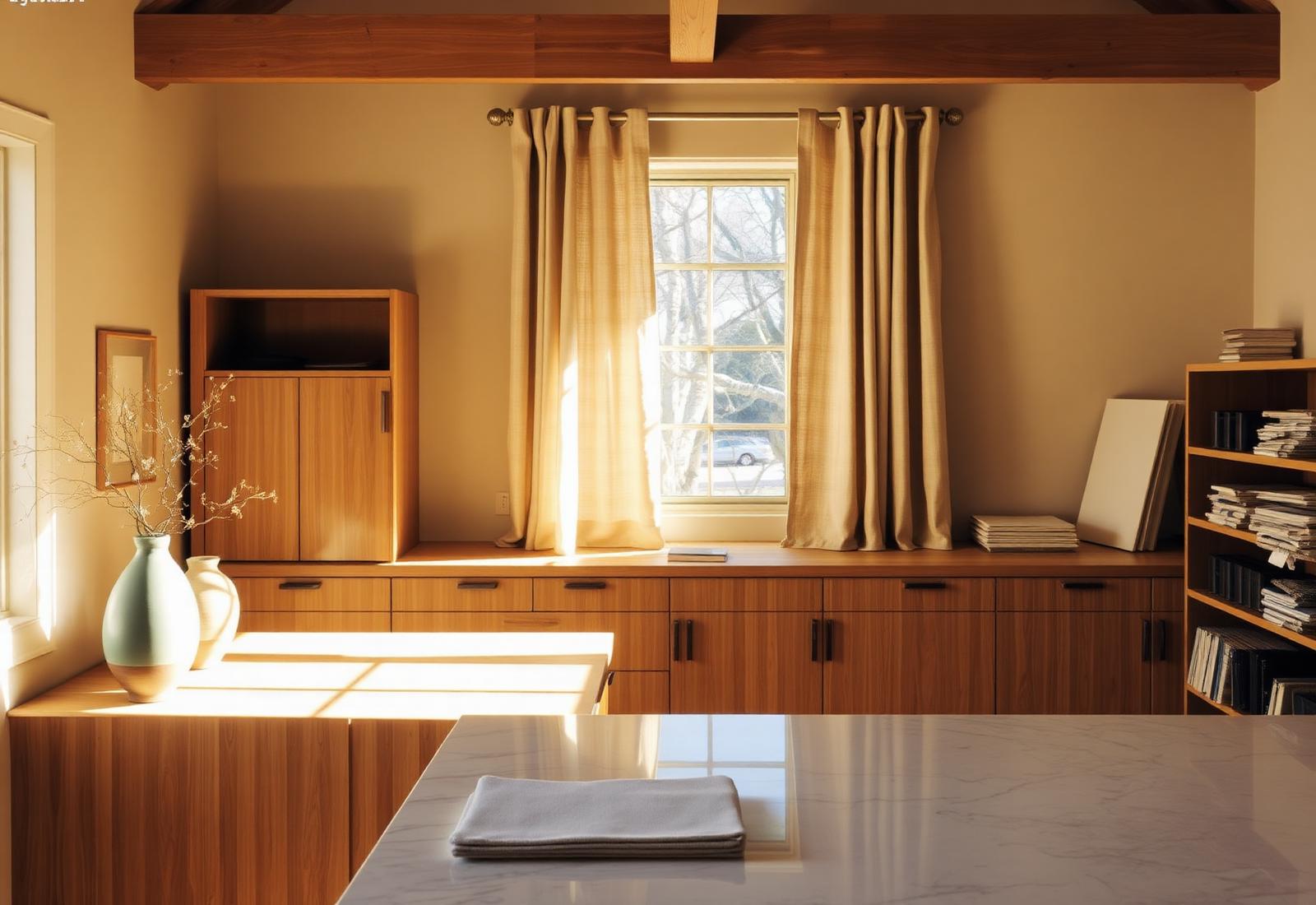 A sunlit Studio IV interior with oak millwork, marble surfaces and curated material samples