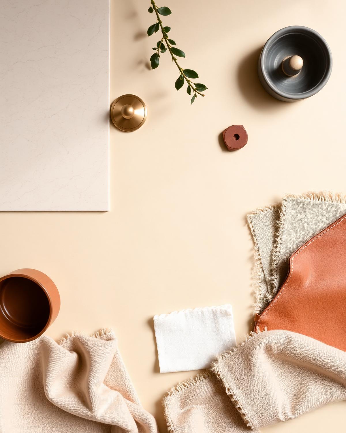 Material palette of stone, brass, oak and linen